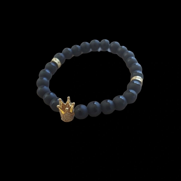 King Crown Matte Black Onyx and Rhinestone Bracelet-Gold - Picture 2 of 3